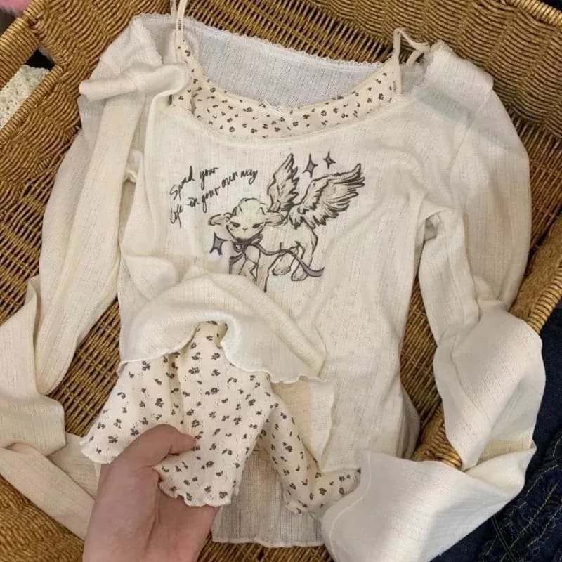 SITMCF Y2K Lace Patchwork Slim Long-Sleeve Top