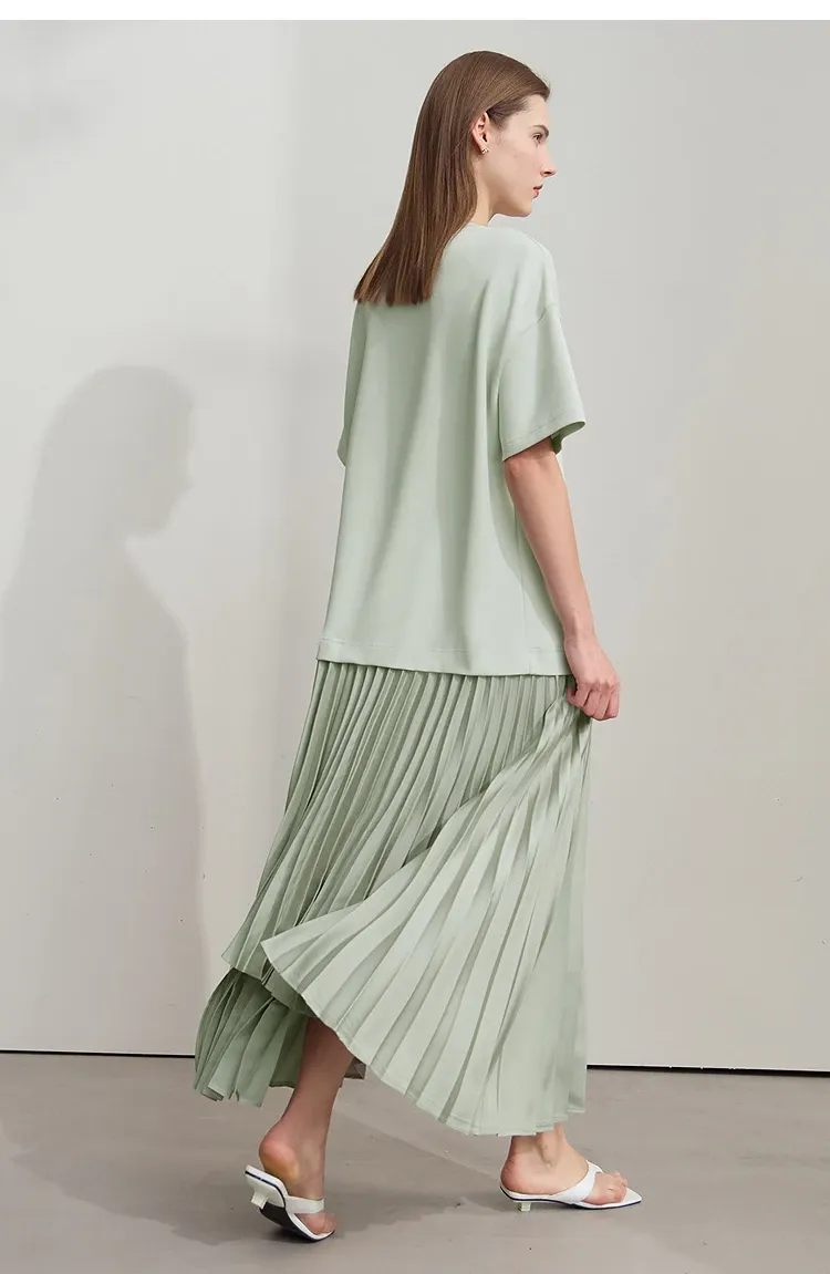 AMII O-Neck Pleated Mid-Calf Office Dress