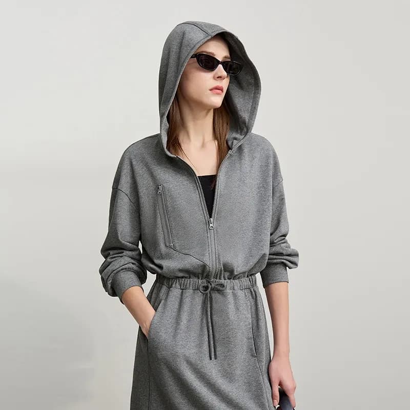 AMII Hooded Cotton Midi Dress with Elastic Waist