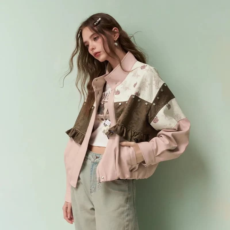ELFSACK Patchwork Floral Ruffle Cropped Bomber Jacket