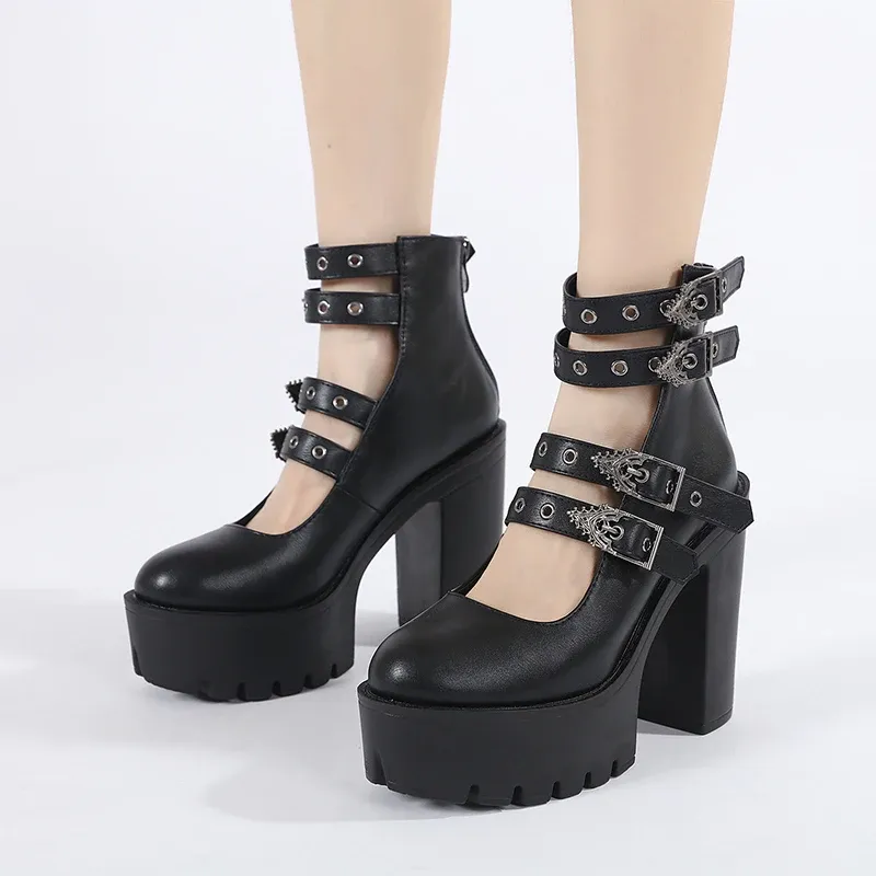 Gothic Platform Mary Jane Block Heel Pumps