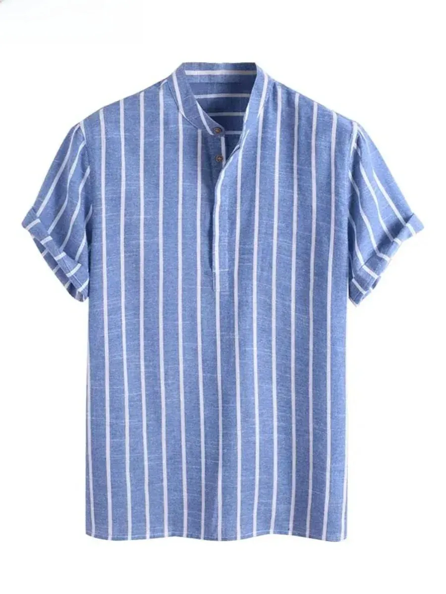 ZAFUL Men’s Collarless Striped PU Leather Summer Shirt