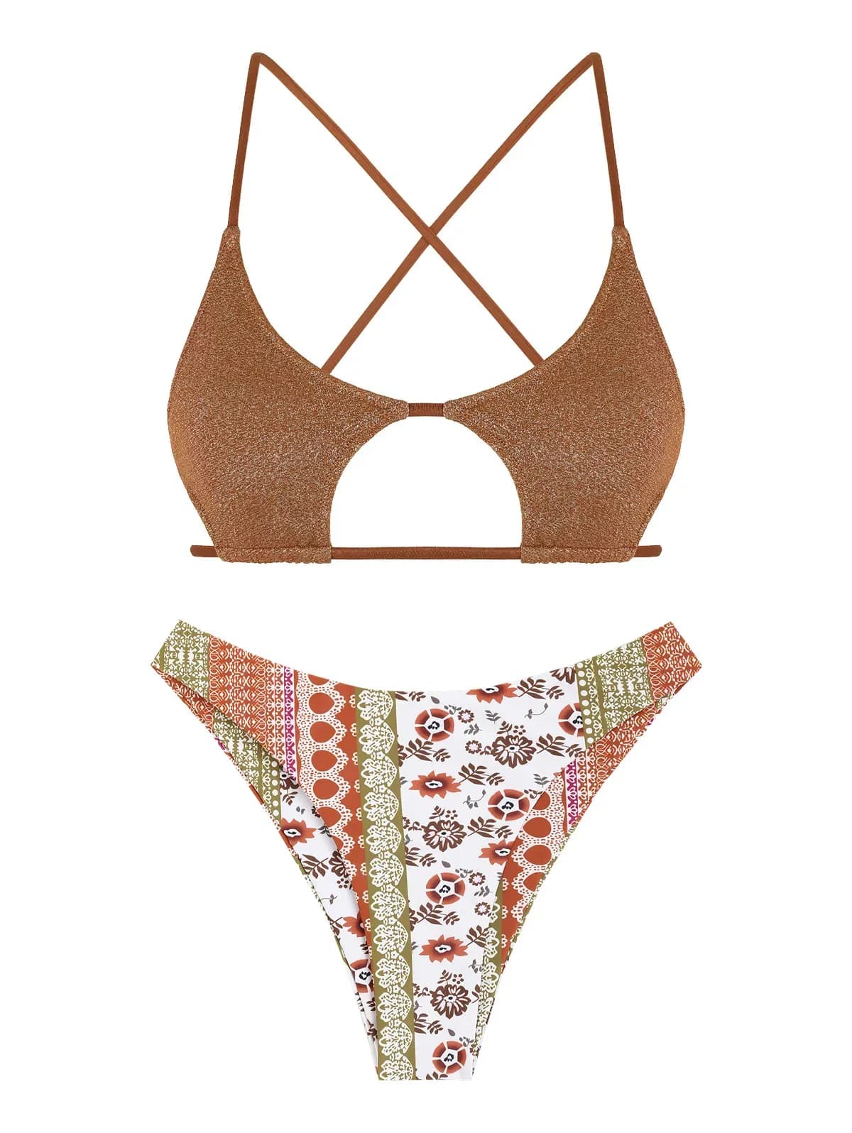 ZAFUL Sparkle Floral Cut-Out Cheeky Bikini Set