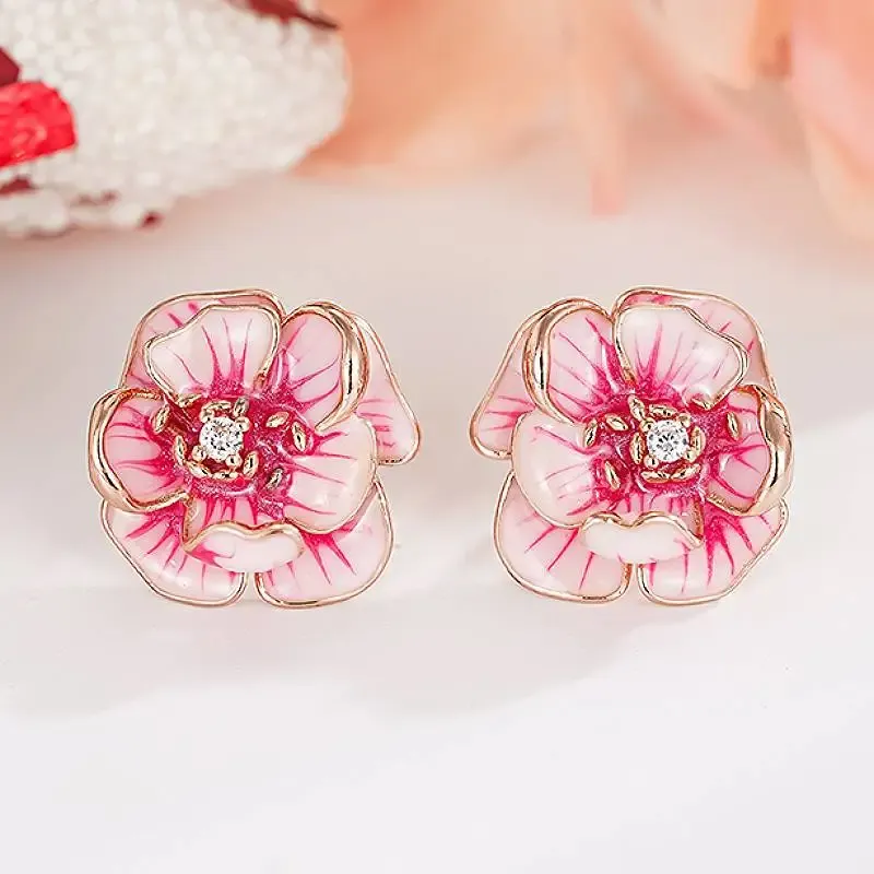 Huitan Pink Flower CZ Stud Earrings