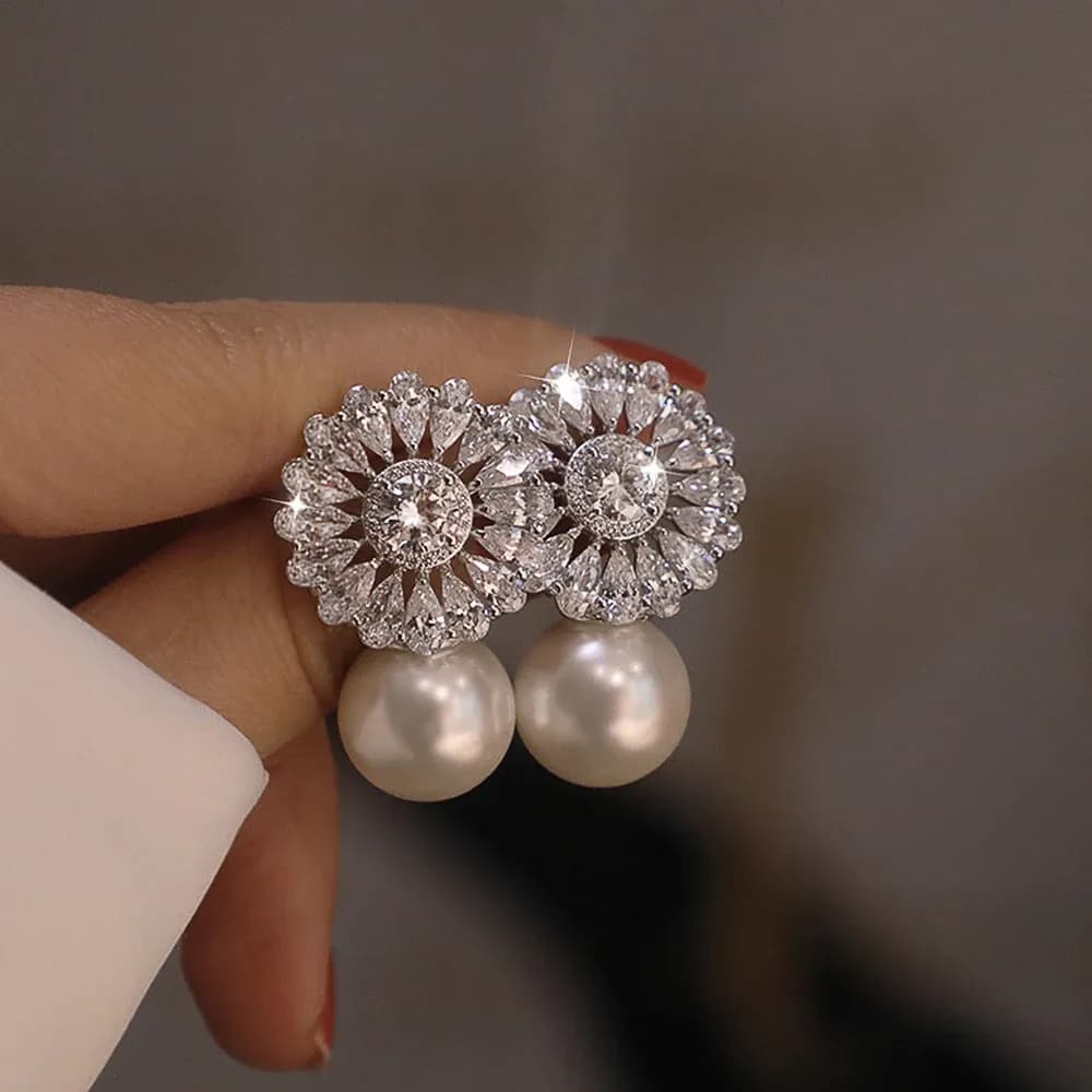 Huitan Pearl and CZ Stud Earrings for Evening Wear