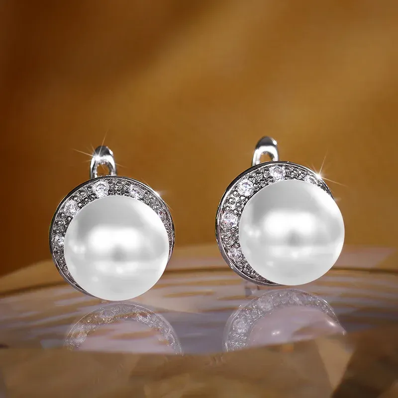 Huitan Silver Pearl Geometric Stud Earrings
