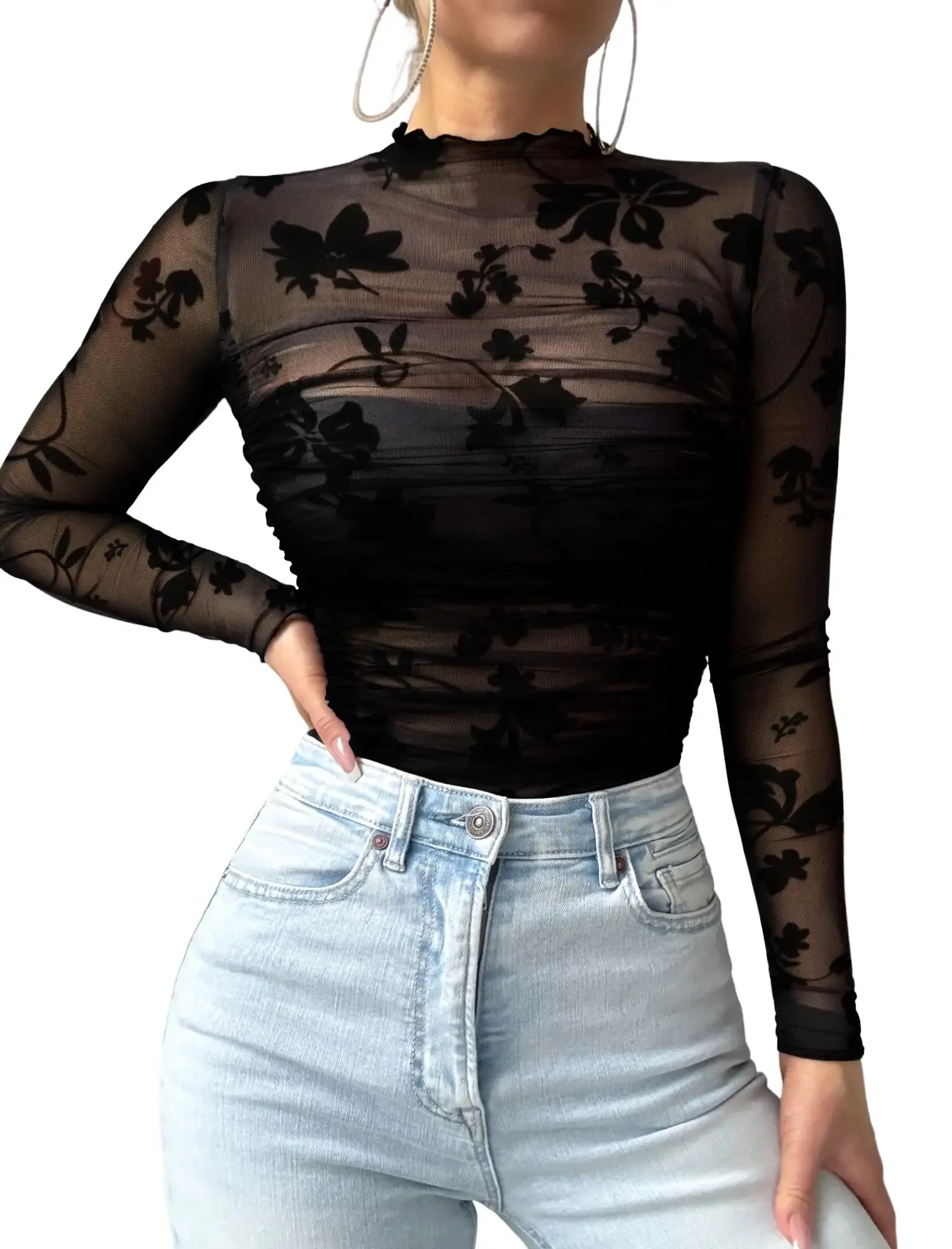ZAFUL Sheer Floral Mesh Long-Sleeve Mock Neck Top