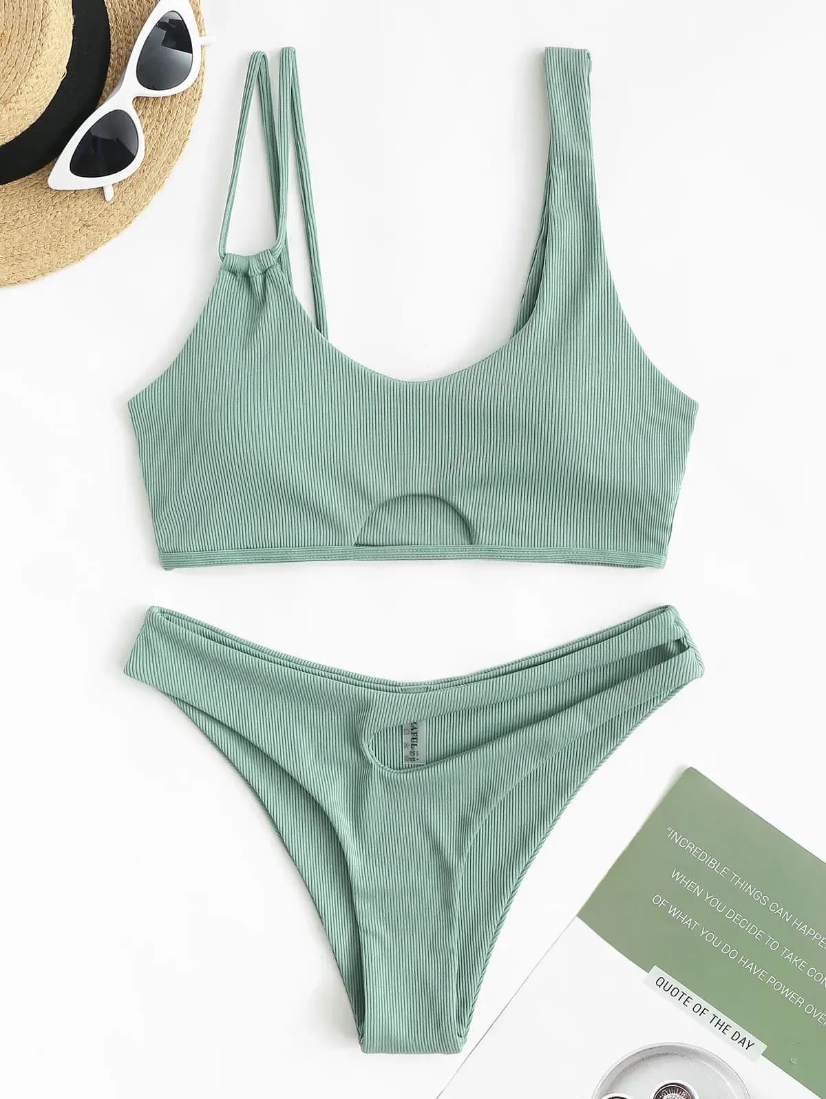 ZAFUL Ribbed Asymmetric Cut-Out High-Leg Bikini Set