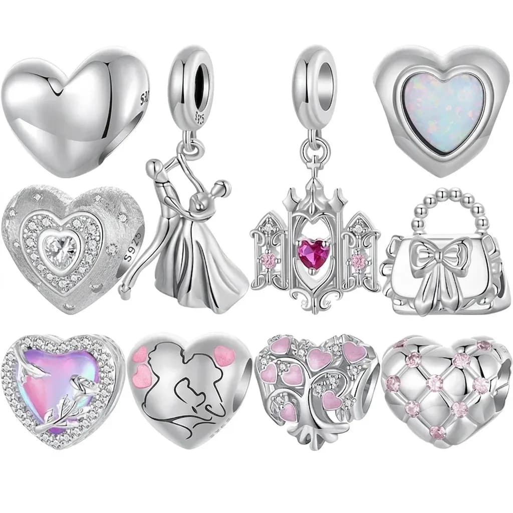 WOSTU pink heart sterling silver charm set
