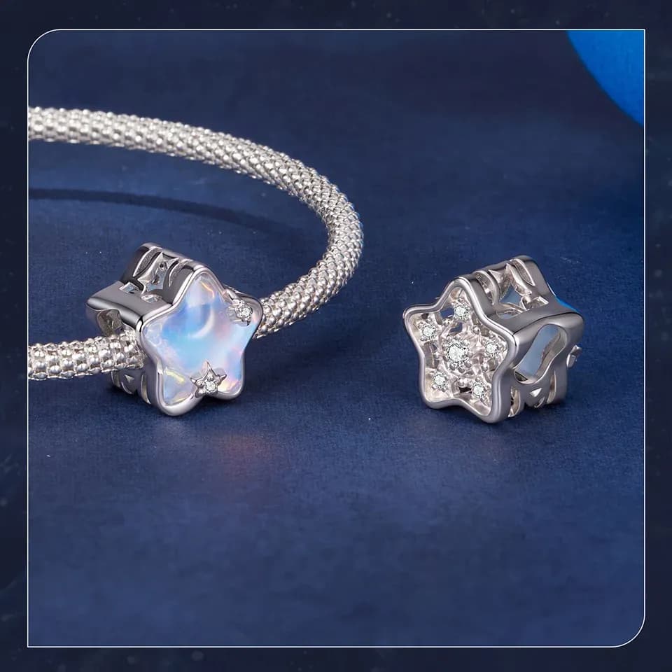 WOSTU Rainbow Moonstone Charm with Blue Glass Accent