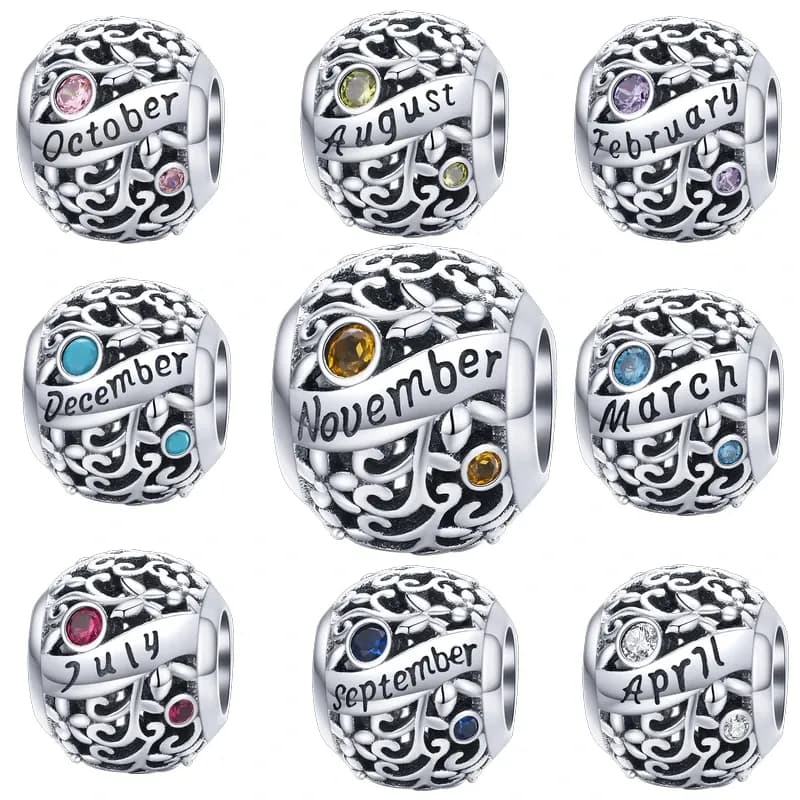 WOSTU Sterling Silver Birthstone Round Charm Bead