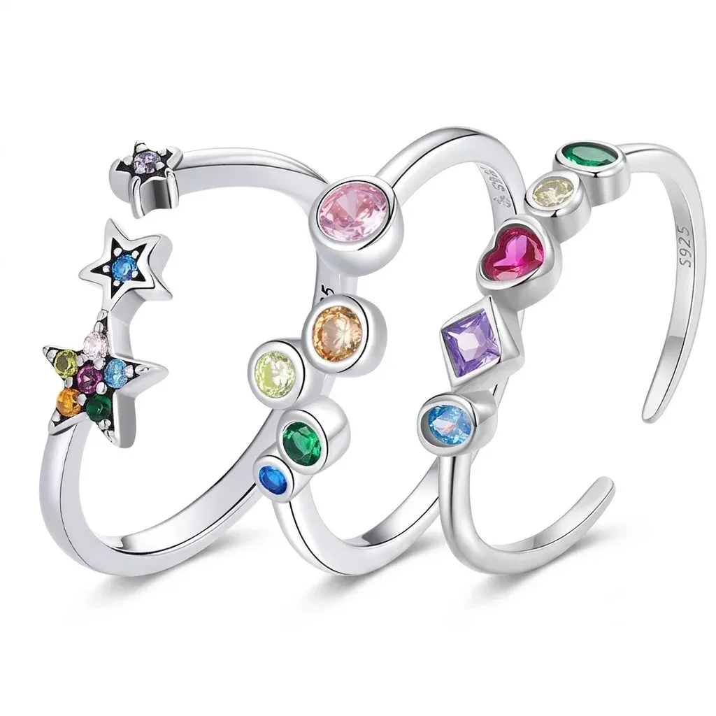 Three colorful sterling silver open rings