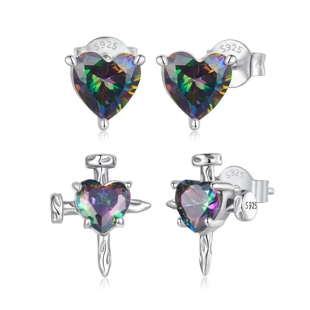 Sterling silver heart cross stud earrings