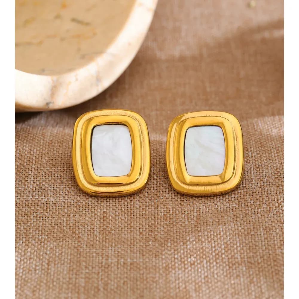 Yhpup Square Shell Stud Earrings in PVD Gold Steel