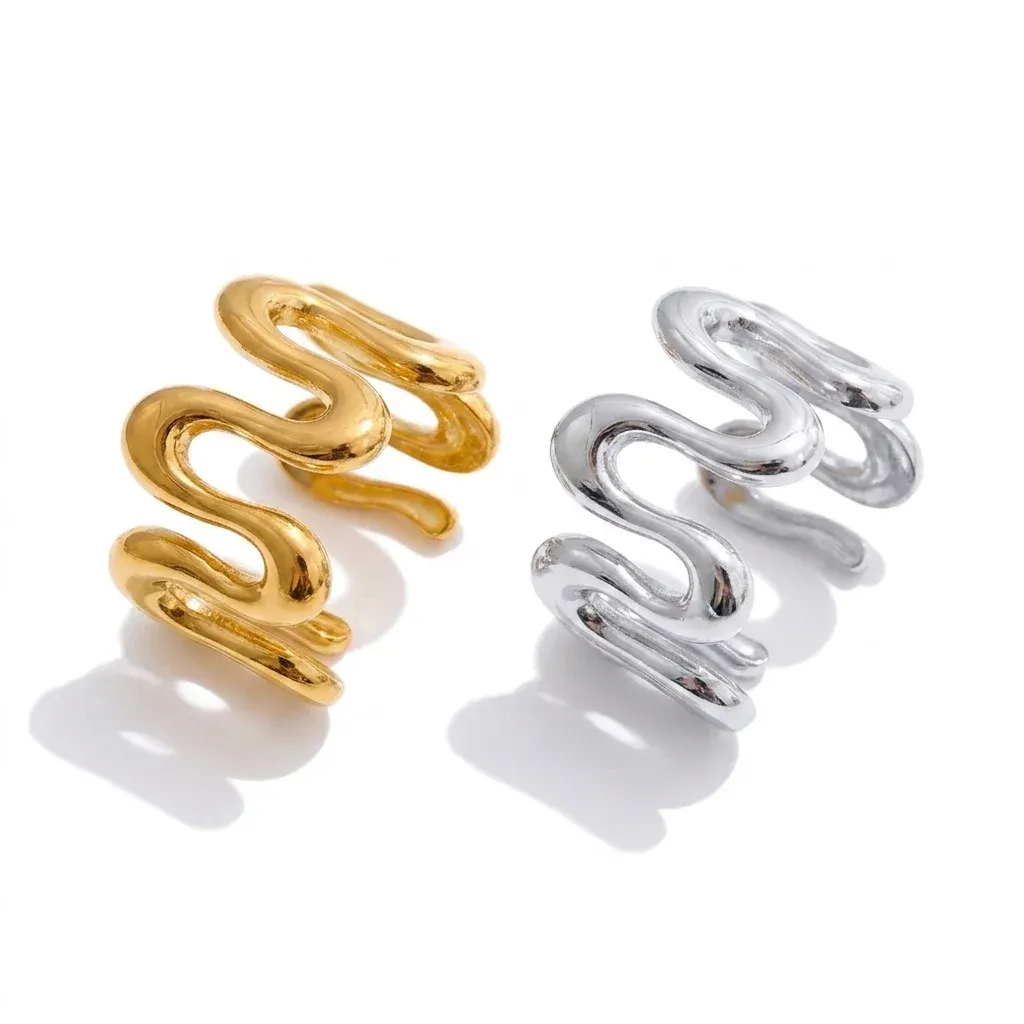 Gold and silver wavy ear cuff earrings