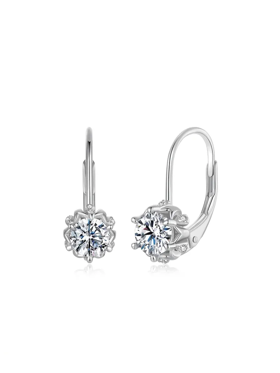 Silver floral moissanite lever-back earrings pair