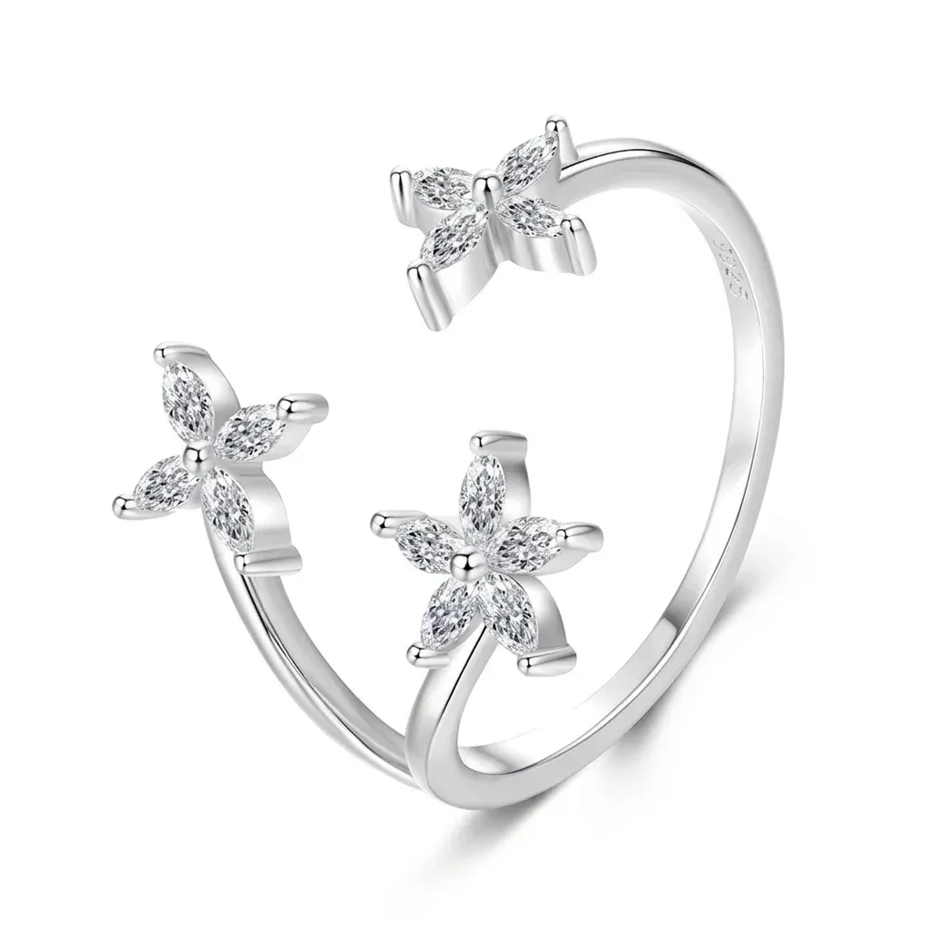 Bamoer three-flower zircon silver open ring