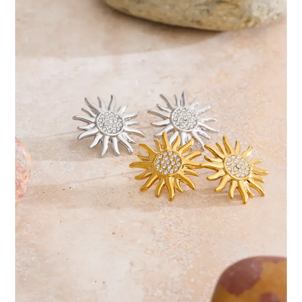 Yhpup Sun-Shaped CZ Stud Earrings in PVD Gold Steel