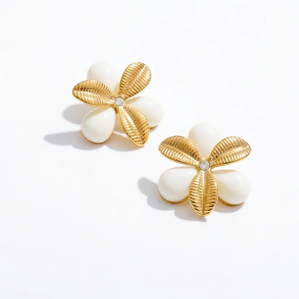 Gold and white flower stud earrings