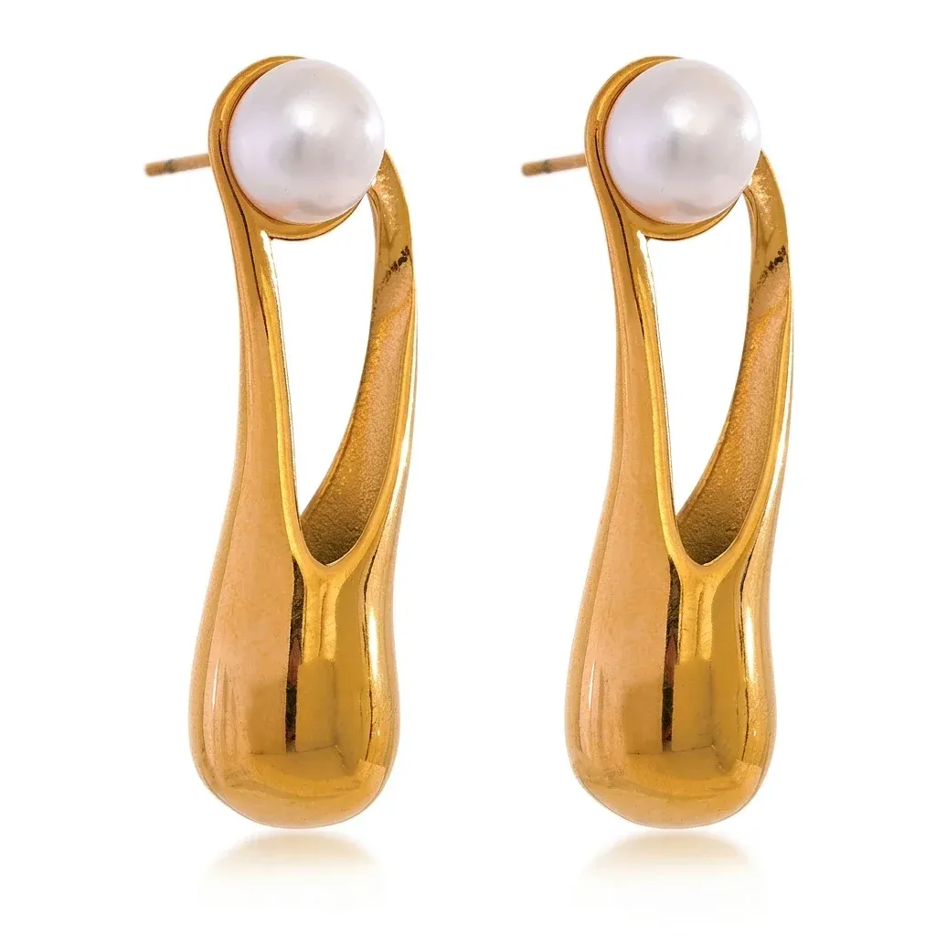 Gold pearl geometric long stud earrings