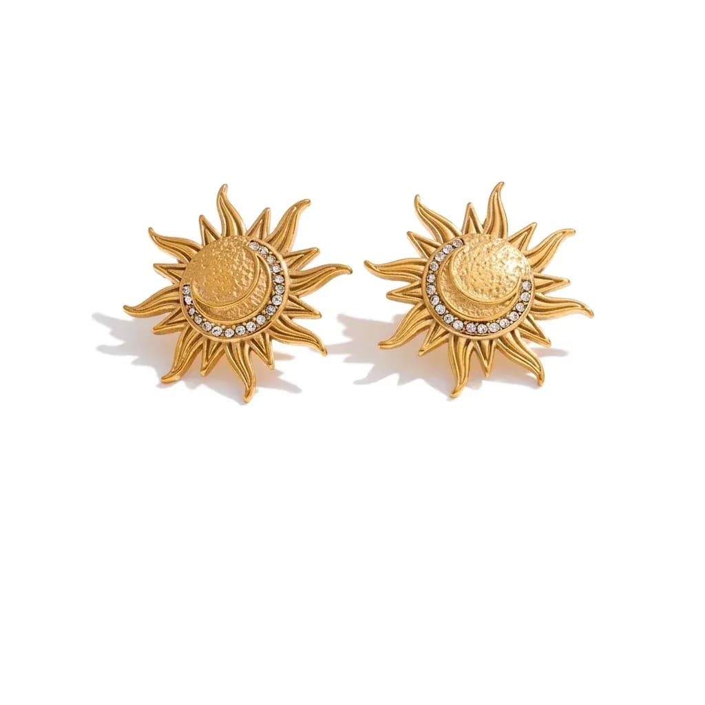 Gold sun and moon zircon stud earrings