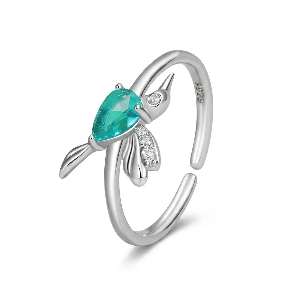 Mint hummingbird sterling silver open ring