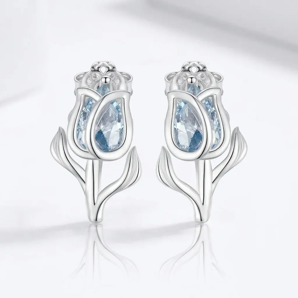 Bamoer blue zircon tulip silver stud earrings