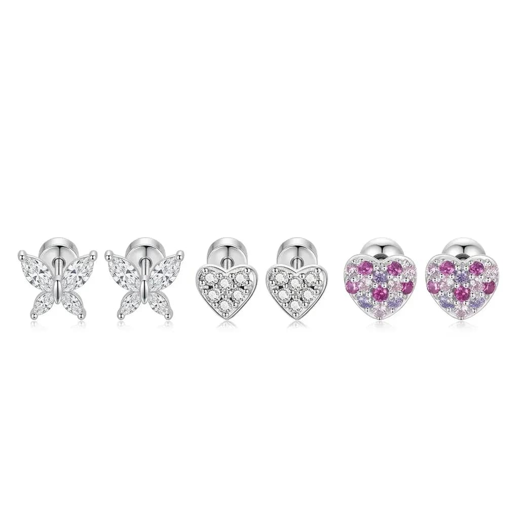 Bamoer silver heart and butterfly stud earrings