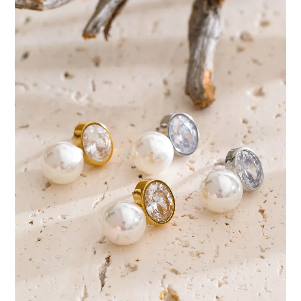 Yhpup Gold-Tone Zircon Pearl Round Stud Earrings