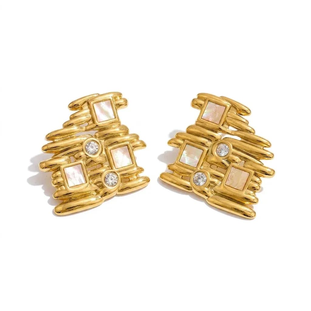 Gold-tone geometric zirconia stud earrings pair