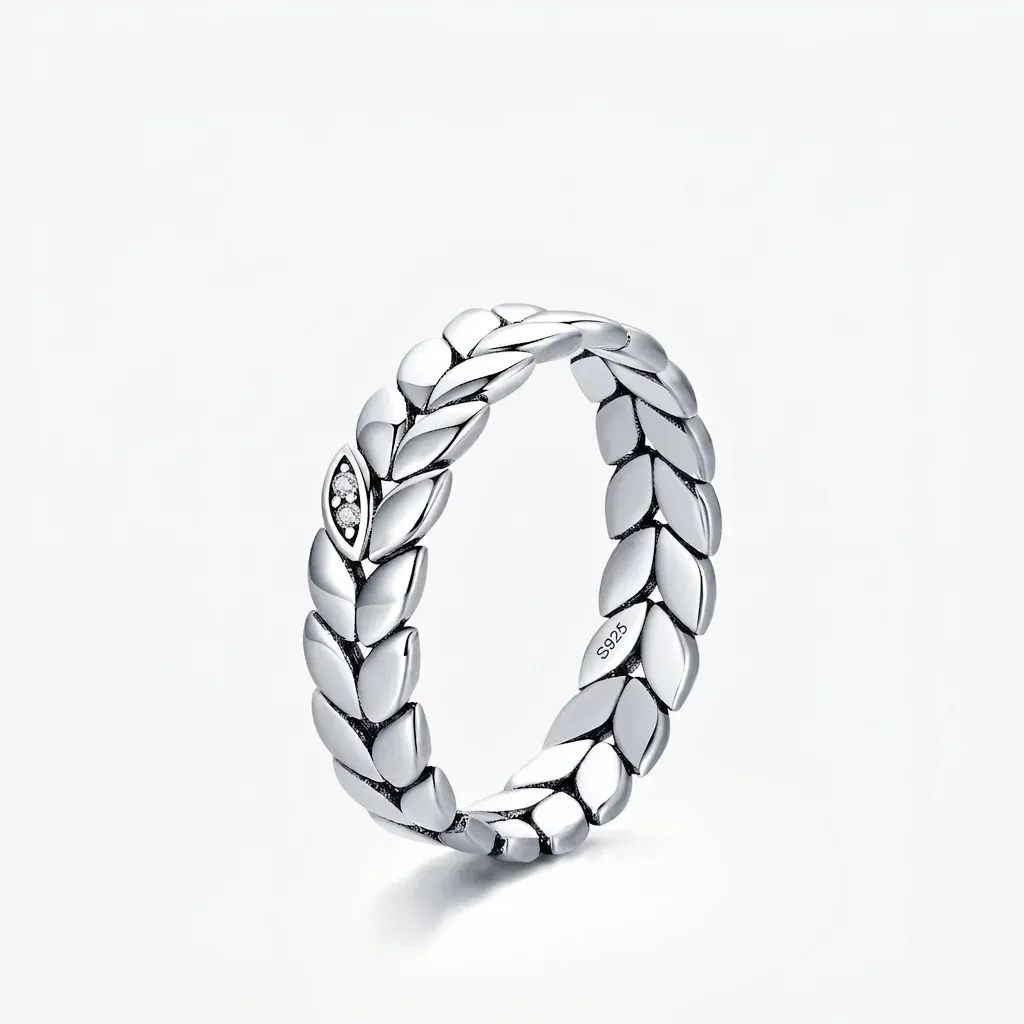 Silver wheat leaf stackable ring with gemstone