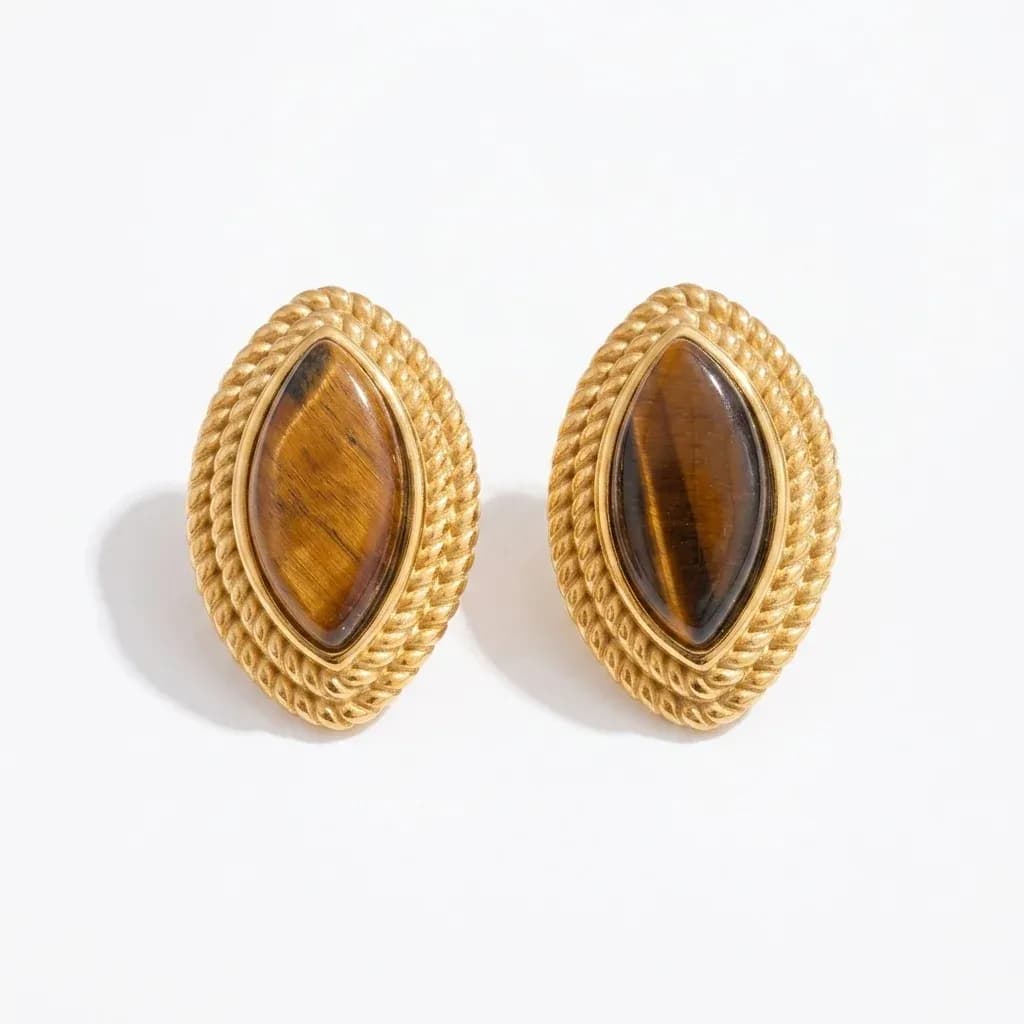 Gold tiger stone marquise stud earrings pair