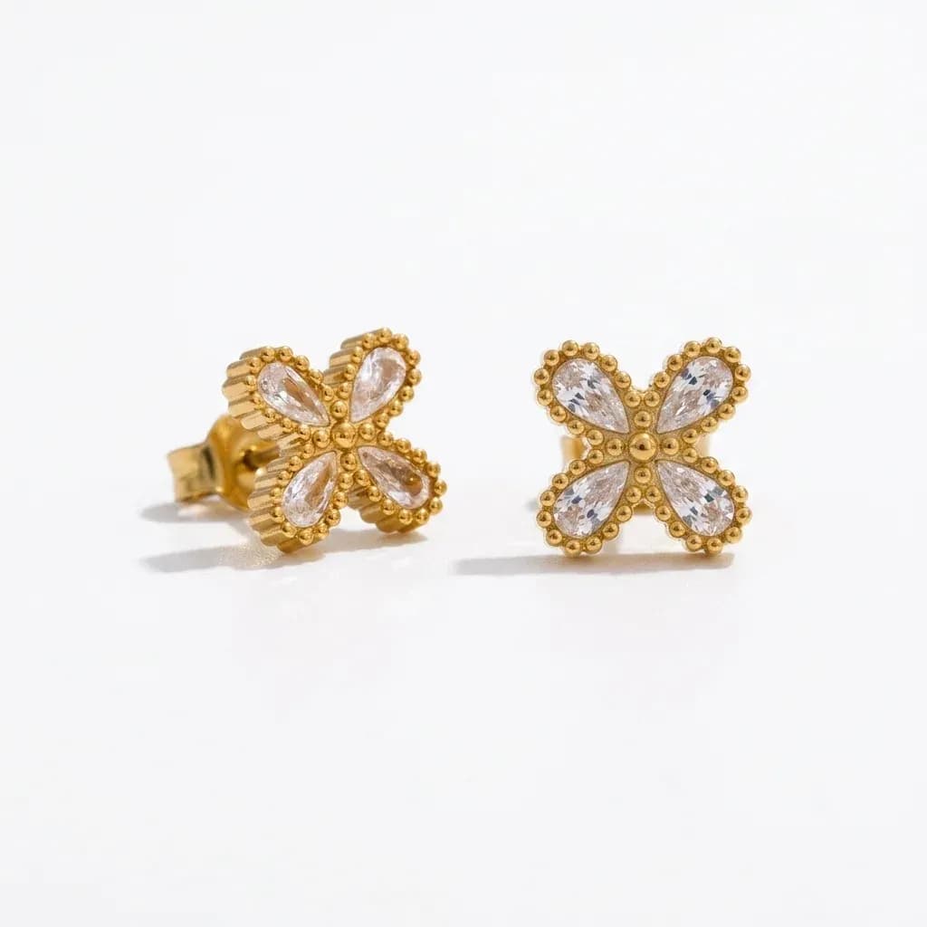 Gold crystal flower stud earrings pair