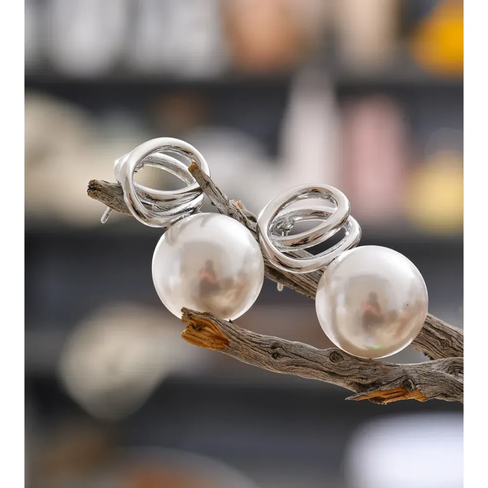 Yhpup Pearl Geometric Stud Earrings in Stainless Steel