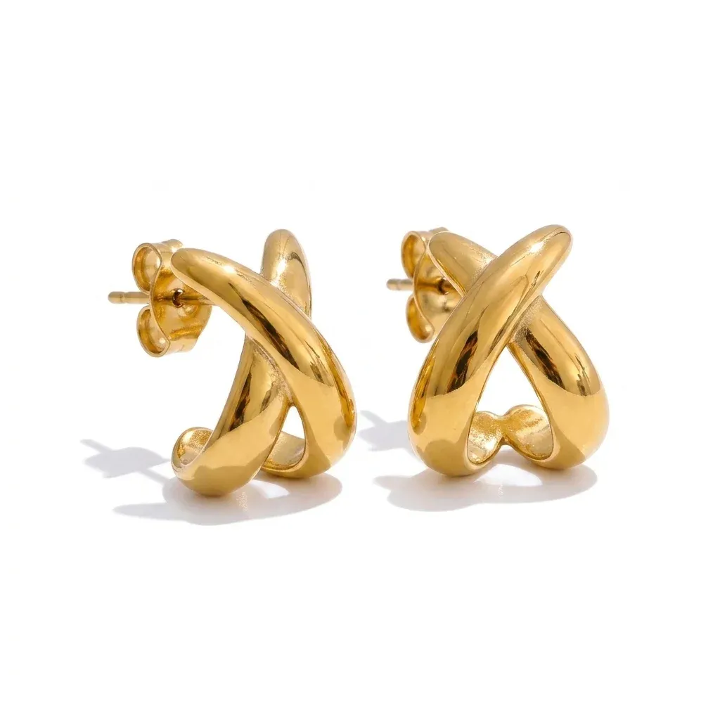 Gold X-shape stainless steel stud earrings
