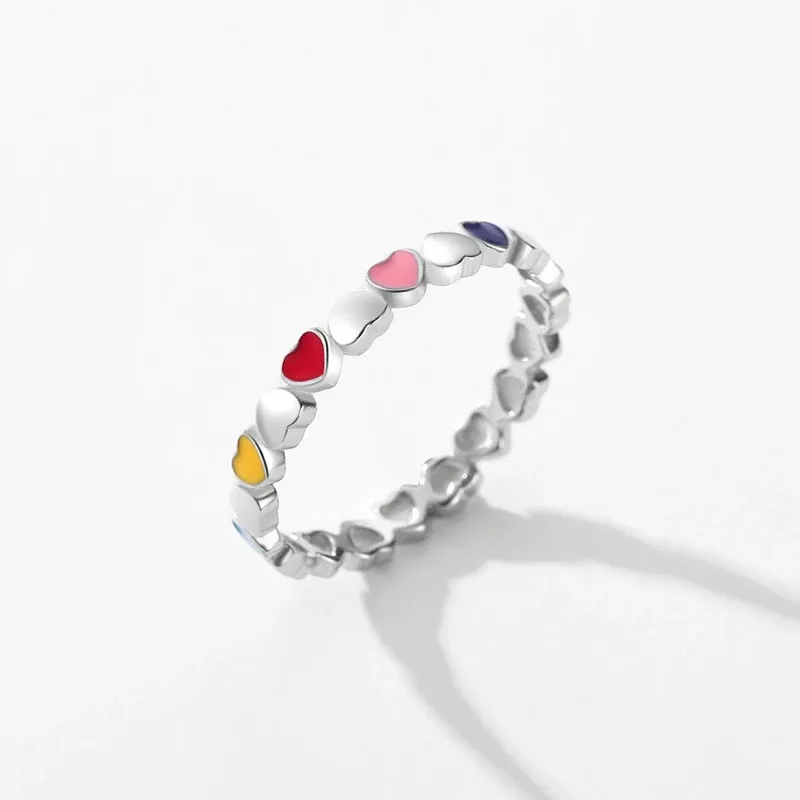 Modian 925 Sterling Silver Multicolour Enamel Heart Stack Ring