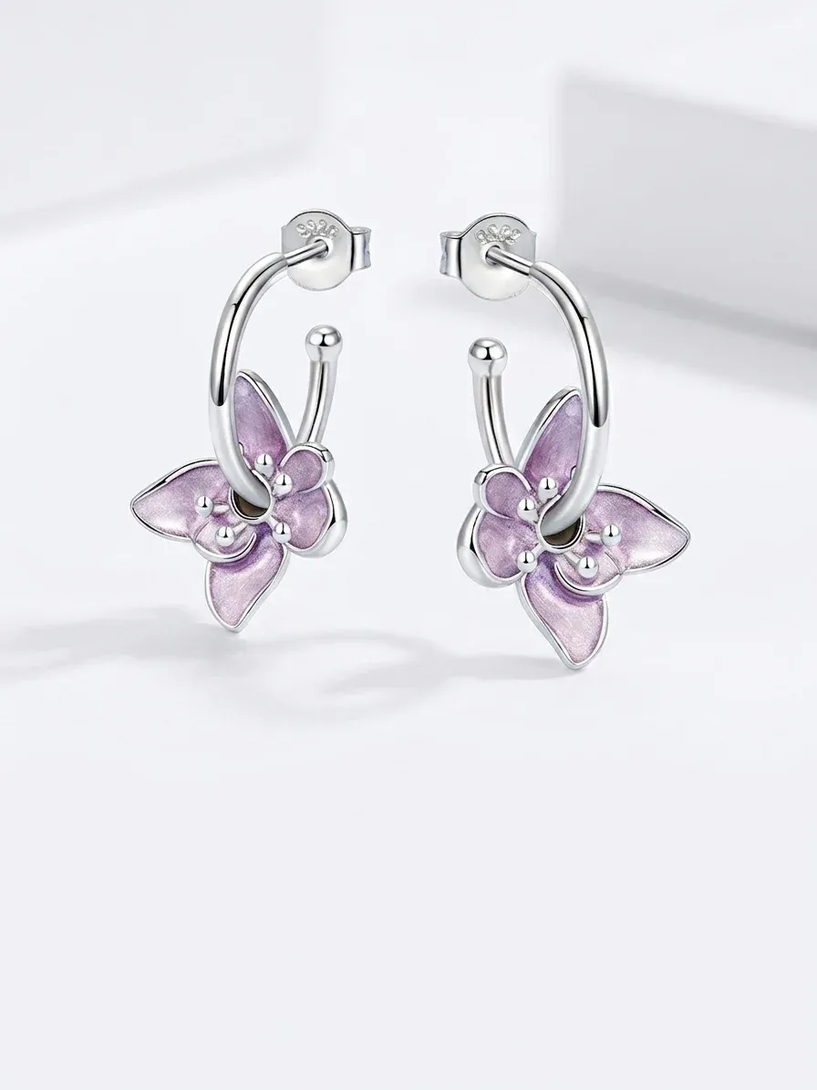 Bamoer purple flower sterling silver hoop earrings