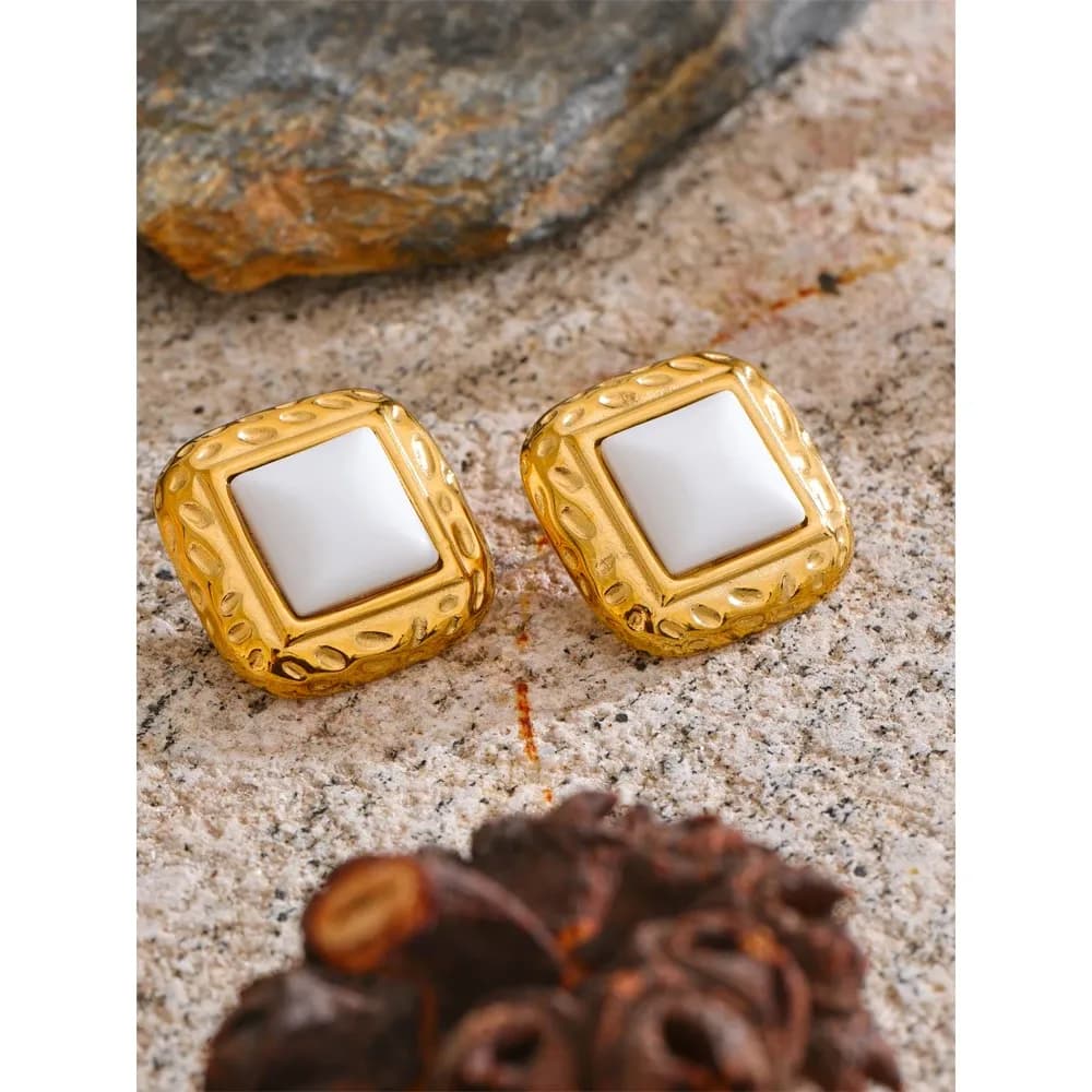 Yhpup Square Stone Stud Earrings in Gold PVD Steel