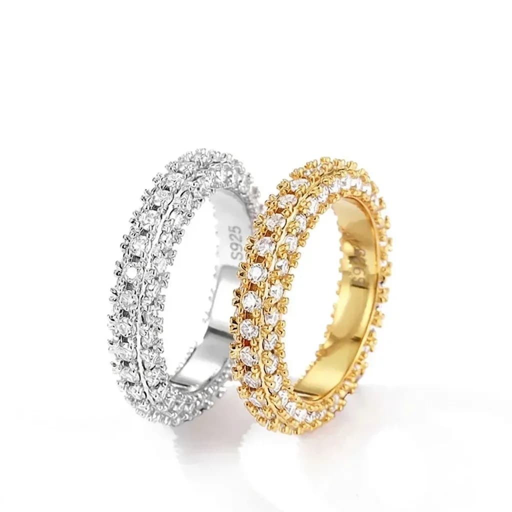Silver and gold moissanite eternity rings