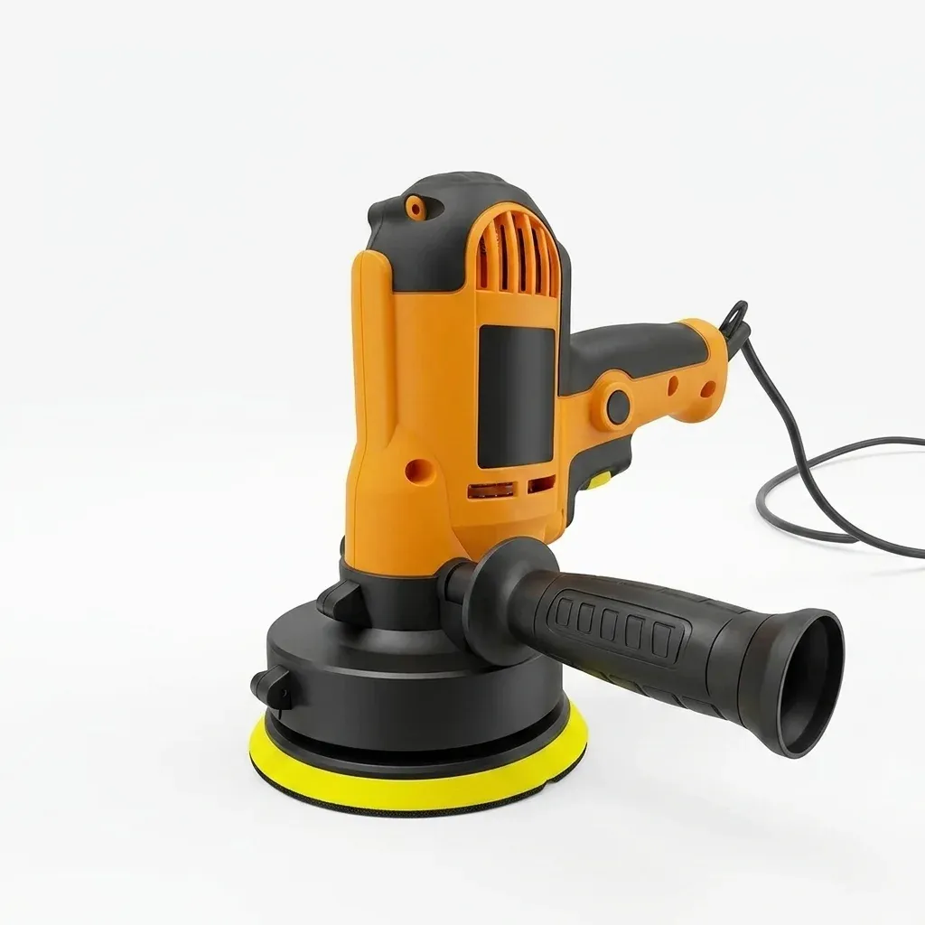 Orange rotary car polisher on white
