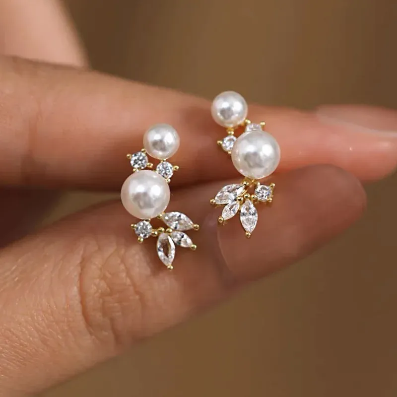 Huitan Pearl Accent Stud Earrings in Silver or Gold Finish