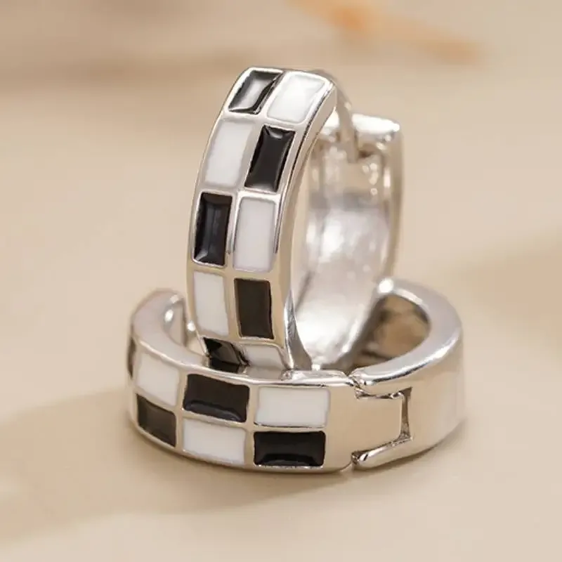 Huitan Black and White Enamel Hoop Earrings