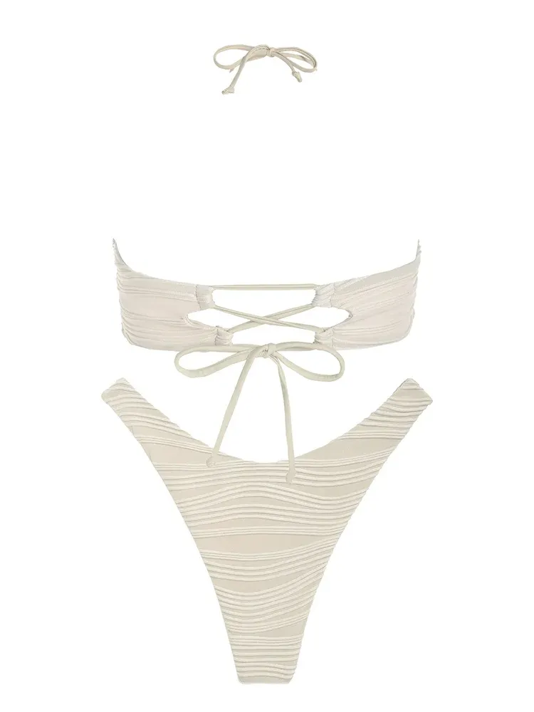 ZAFUL Textured Halter High-Cut Two-Piece Bikini Set