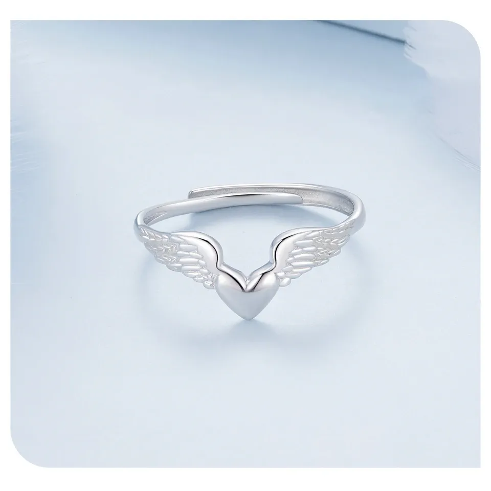 WOSTU Pink Heart Angel Wing Adjustable Sterling Silver Ring