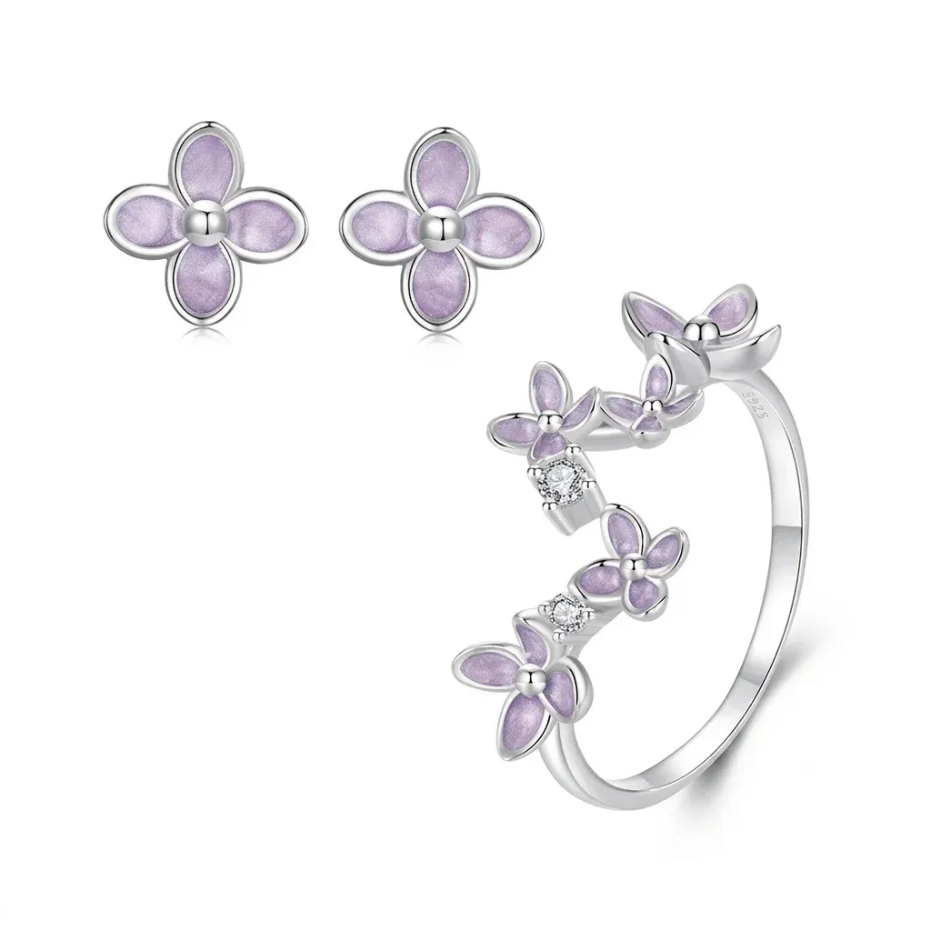 WOSTU Lilac Flower Sterling Silver Earring and Ring Set