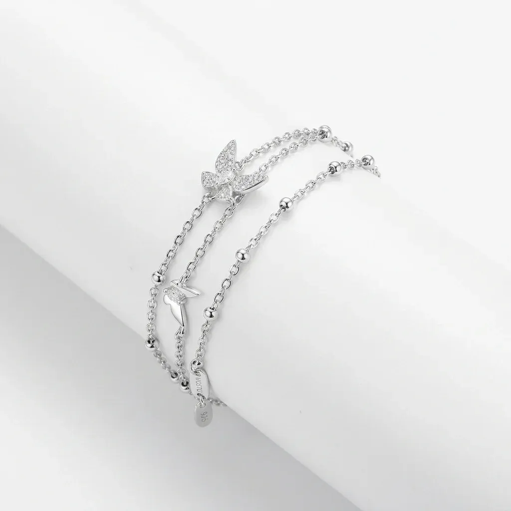 WOSTU Sterling Silver Double-Layer Butterfly Bracelet Bangle