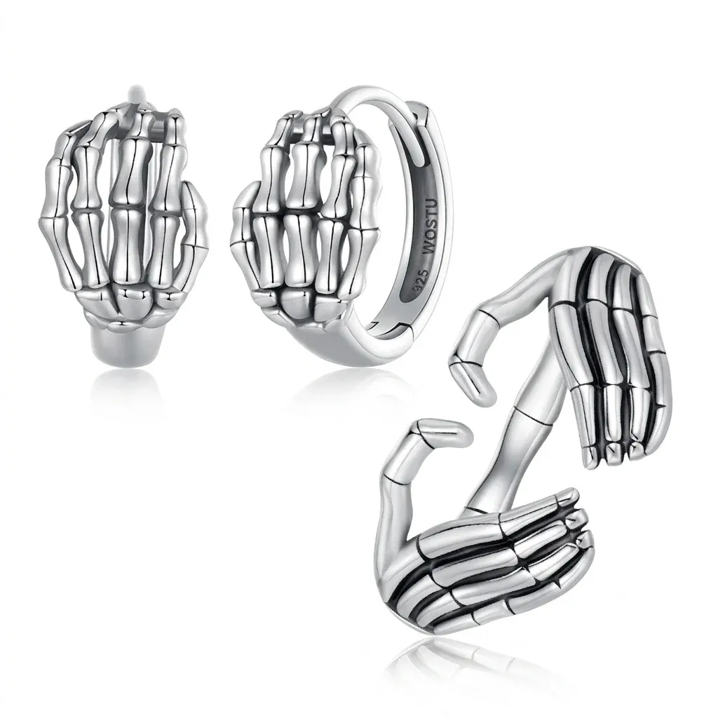 WOSTU 925 Sterling Silver Skeleton Hand Ring