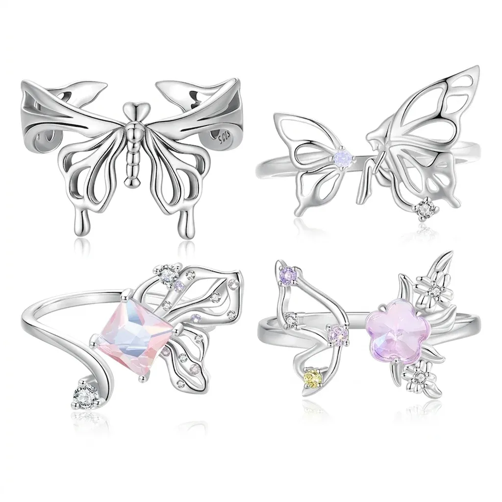 WOSTU 925 Sterling Silver Butterfly Opal Zircon Adjustable Ring