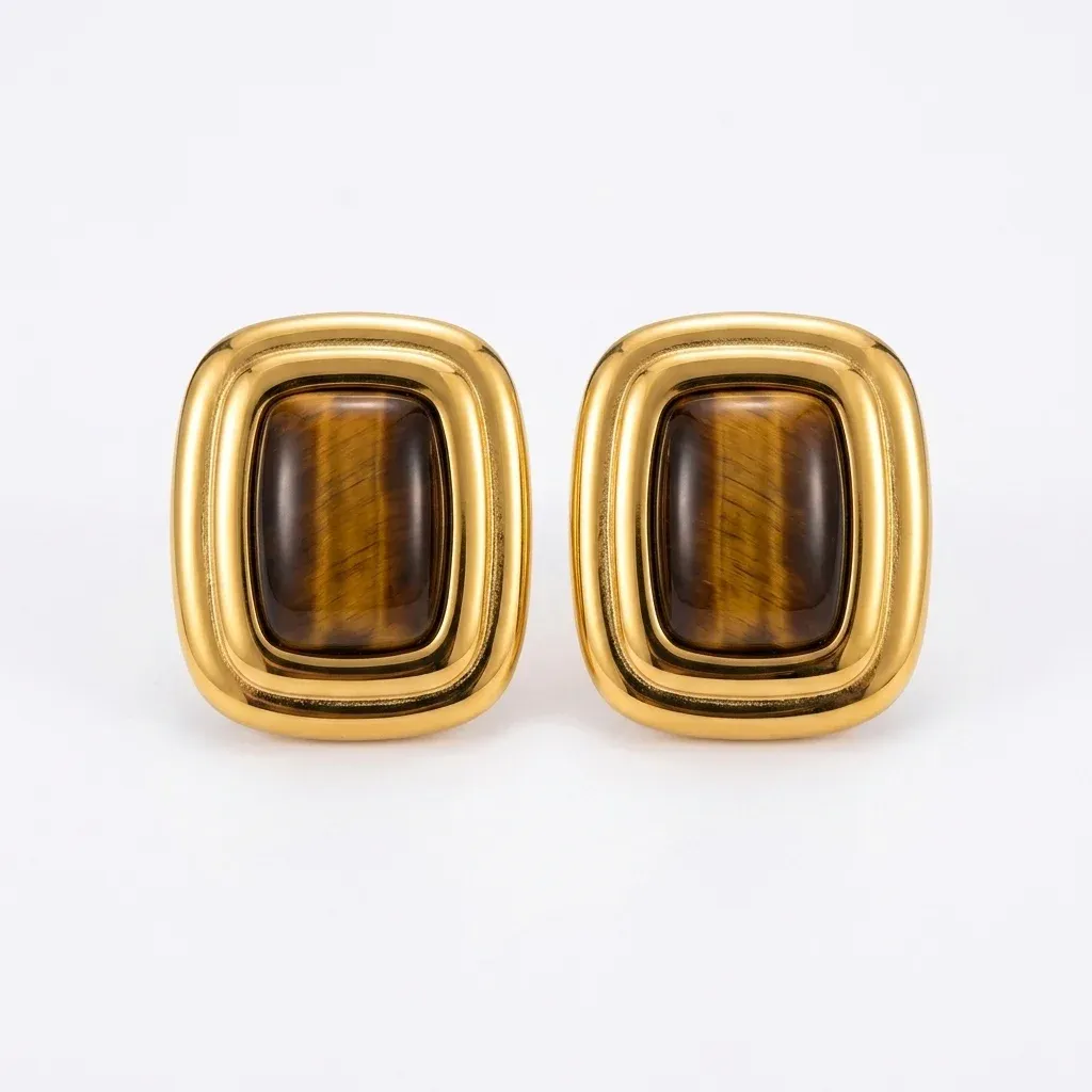 Yhpup Square Tiger Stone Stud Earrings in Stainless Steel