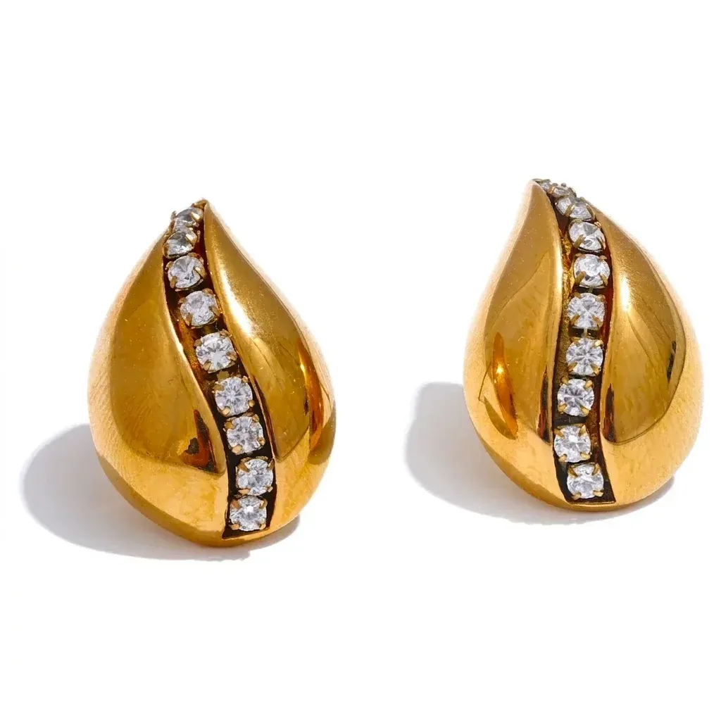 Yhpup Water Drop Zircon Stud Earrings in PVD Gold Steel
